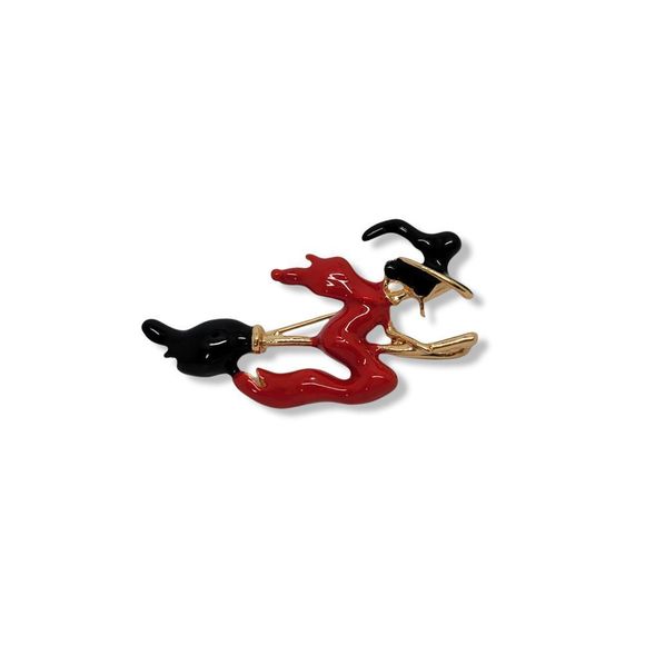 Red and Black Enamel Goldtone Flying Witch on Broomstick Brooch Pendant combo - Picture 1 of 4